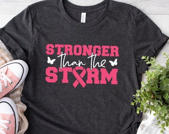 Pink Breast Cancer Shirt Women, Stronger Than The Storm Sweatshirt, Pink Ribbon shirt, Cancer Awareness T-shirt, Breast Cancer Survivor Gift
