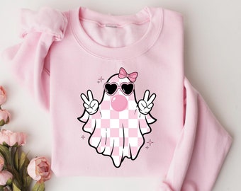 Sweat-shirt mignon pour fille avec un fantôme qui fait des bulles, T-shirt rose mignon avec un fantôme, T-shirt rétro d'Halloween avec un fantôme et le signe de la paix, T-shirt d'Halloween avec un nœud papillon à carreaux et un fantôme