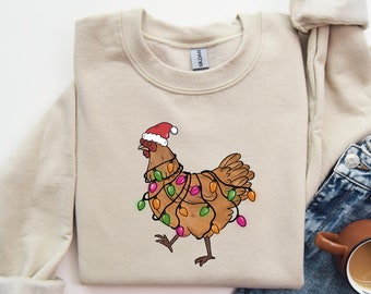 Bluza z lampkami świątecznymi z kurczakiem, świąteczna koszulka z motywem zwierząt gospodarskich, zabawna koszulka dla miłośników kurczaków, urocza koszulka z kurczakiem, świąteczna bluza