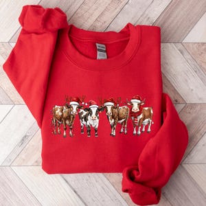 May include: Red Christmas sweatshirt with a graphic of five cows wearing Santa hats. The cows are brown and white with black noses and hooves.