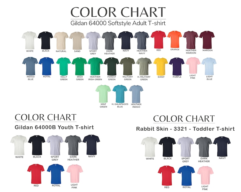 May include: Color chart showing different colors of Gildan 64000 Softstyle Adult T-shirts, Gildan 64000B Youth T-shirts, and Rabbit Skin 3321 Toddler T-shirts. The chart includes colors like white, black, navy, red, green, and more.