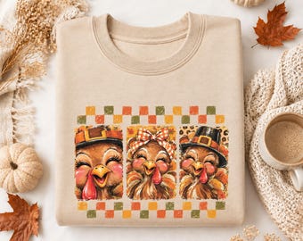 Thanksgiving Turkey Shirt, Funny Fall Graphic Tee, Three Cute Gobblers Sweatshirt, Autumn Plaid Outfit, Turkey Day Family Gift