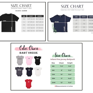 May include: Size chart for youth t-shirts, toddler t-shirts, and infant bodysuits. The chart shows sizes, chest measurements, and lengths in inches. The chart also includes a color chart for baby onesies with different colors and designs.