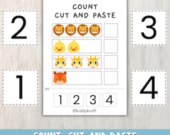 Counting and Paste Math Worksheets, Preschool Counting Activity, Number Matching Printable, Kindergarten Math