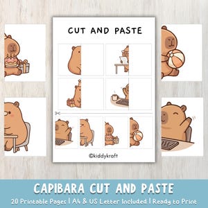 May include: A printable activity sheet with a capybara theme. The sheet includes the text "CUT AND PASTE" and "CAPIBARA CUT AND PASTE". The illustrations show capybaras with various objects, such as a birthday cake and a beach ball.