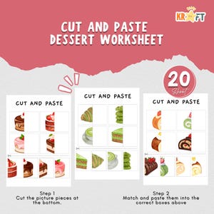 Feuille de travail pour couper-coller, activité d'association de gâteaux, jeu d'apprentissage pour les enfants, activité à imprimer, enfant à la maison, fiches de travail pour la maternelle