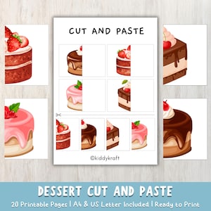 Ausschneide- und Klebevorlagen für Desserts, Kuchen-Zuordnungsspiel, Schneideübungen für Vorschulkinder, druckbare Ausschneide- und Klebevorlagen für den Kindergarten
