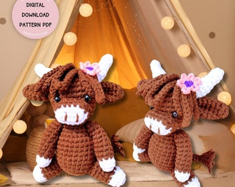 Crochet Highland Cow, Amigurumi Doll Cow , PDF Pattern,Farm Animal Crochet Cow Plushie,DIY Crochet Toy,Lovely Toy,Handmade Gift Idea for Her
