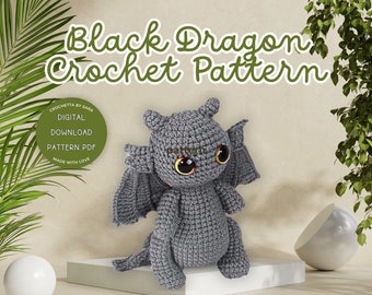Dragon Crochet Pattern, Fantasy Amigurumi pattern PDF,Stuffed Animal Dragon Plushie,Crochet Pattern for Black Dragon, Gift for Crochet Lover