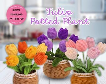 チューリップの植木鉢のかぎ針編みパターン：ホームデコレーションPDF