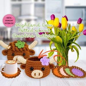May include: Crochet pattern for Highland Cow potted plant coasters. The pattern includes instructions for making a brown and white cow with a green clover on its head, and a brown and white cow planter with a purple flower. The pattern also includes instructions for making four coasters in orange, brown, green, and purple.