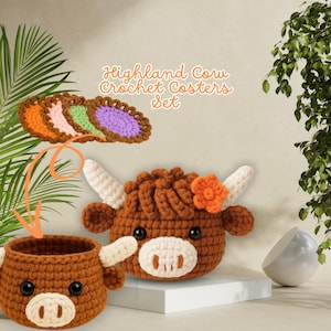 Tiny Highland Cow Crochet Patterning Cow Amigurumi PDF Cow Coaster Crochet Pattern with Potted Plant Cow Amigurumi Plant Basket Pattern