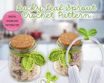 Leaf headset crochet pattern crochet sprout leaf headphones accessory Lucky Leaf for bookmark, keychain, cord holder, jar crochet decor