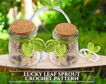 Leaf Headset Crochet Pattern – Crochet Sprout Leaf Headphones Accessory, Lucky Leaf Bookmark, Keychain, Cord Holder, Jar Crochet Decor