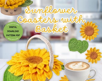 Sunflower Coaster Crochet Pattern with Basket Flower Pot Coasters Flower Bouquet Designs Digital Download Flower Basket Pattern for DIY