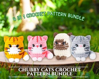 Paquete de patrones de crochet de gatos regordetes 4 en 1, patrón de gatito de crochet, lindos peluches de gato, patrón de moño de gato, pan de gato, patrón de amigurumi de crochet, paquete de gato