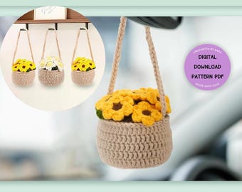 Crochet Pattern Hanging Plants Car Hanging Basket Plant Flower Pot Crochet Hanging Plant for Home or Car Decor Crochet Daisy Flower Plant