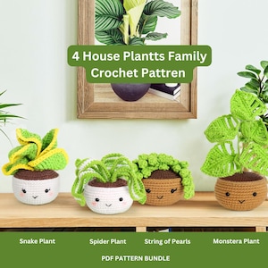 May include: Four crocheted amigurumi houseplants: a snake plant, spider plant, string of pearls, and monstera plant. Each plant has a cute face and is in a pot. The image includes the text "4 House Plantts Family Crochet Pattren" and "PDF PATTERN BUNDLE".