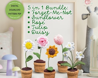5in1 Mini Crochet Flower Pot Rose Crochet Flowers Sunflower Pot Pattern Plant Pot Crochet Daisy Crochet Tulip Forget-Me-Not Crochet MiniPots