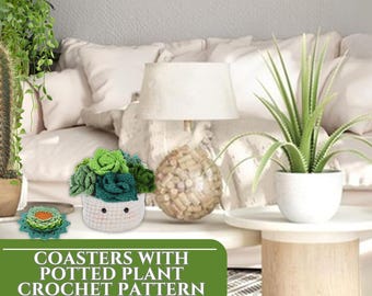 Crochet Pattern Flower Pot Coaster Set Rosette Succulent Plant Coasters Flower Bouquet Designs Digital Download Plant Basket Pattern for DIY