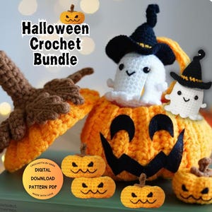 Halloween Crochet Patterns Bundle, Pumpkin Basket Pattern, Ghost Witch Hat Pattern,Amigurumi Pumpkin Toy,Halloween Collection Crochet Bundle