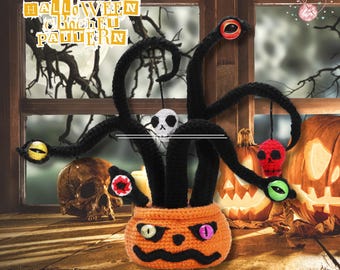 Patrón de calabaza espeluznante de Halloween con forma de globo ocular, calavera de terror tejida a crochet, globo ocular de Halloween, decoración de Halloween tejida a crochet espeluznante, patrón de amigurumi