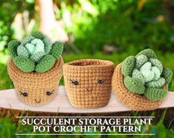 May include: Three crocheted succulent storage plant pots with smiling faces. The pots are brown and the succulents are green. The text "Succulent Storage Plant Pot Crochet Pattern" is at the bottom of the image.