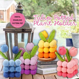 Pode incluir: Suportes para plantas de tulipas de crochê em várias cores, incluindo azul, roxo, rosa, laranja e amarelo. A imagem inclui o texto "Tulip Potted Plant Holder" e "Digital Download Pattern PDF".