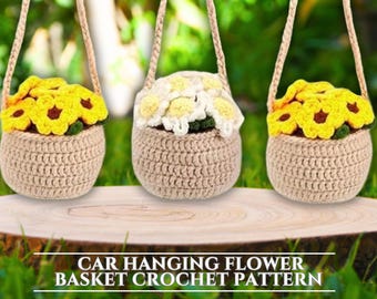 Crochet Pattern Hanging Plants Car Hanging Basket Plant Flower Pot Crochet Hanging Plant for Home or Car Decor Crochet Daisy Flower Plant