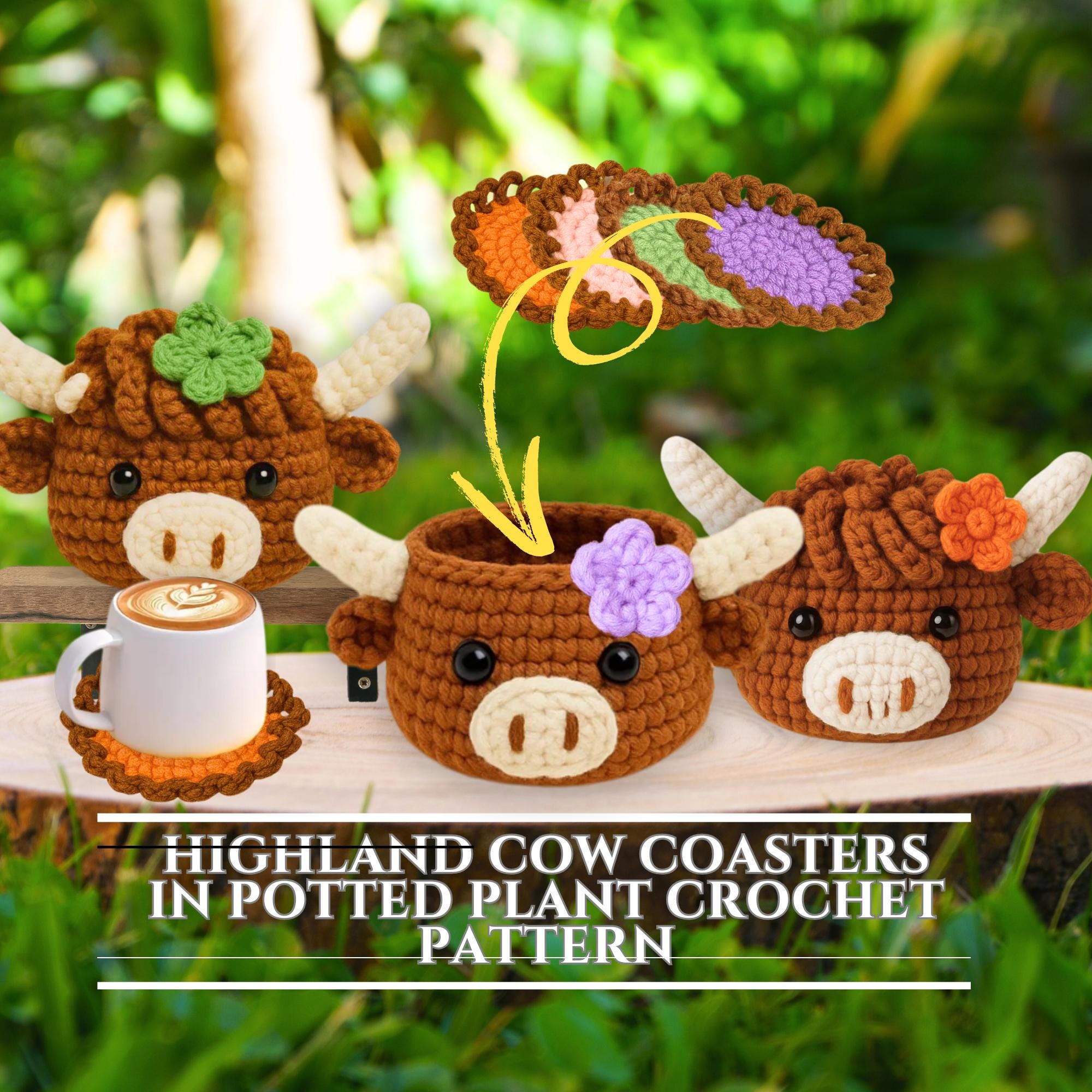 Highlander Cow Crochet Pattern Coaster Set With Potted Plant Cow