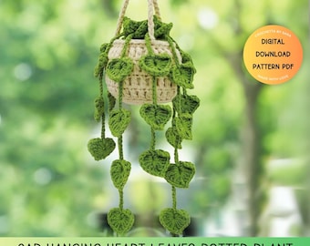 Crochet Pattern Hanging Plants Car Hanging Basket Plant Crochet Hanging Heart Leaves Potted Plant for Home or Car Décor Crochet Plant Basket
