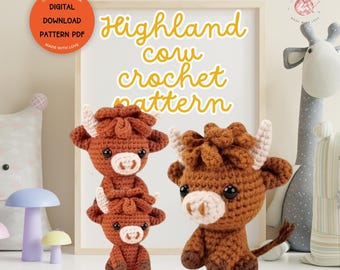 Modello all'uncinetto per mucca delle Highlands Modello all'uncinetto per mucca Amigurumi Animale da fattoria Peluche all'uncinetto PDF Giocattolo all'uncinetto fai da te Idea regalo fatta a mano per Natale Regalo all'uncinetto