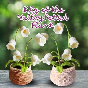 May include: Two crochet potted plants featuring white lily of the valley flowers and green leaves. The pots are crocheted in shades of brown and pink. The text "Lily of the Valley Potted Plant" is written across the top.
