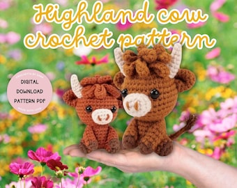 Modello all'uncinetto per mucca delle Highlands, modello all'uncinetto per mucca Amigurumi, modello per animali da fattoria, modello all'uncinetto per peluche PDF, modello per giocattolo per bambini fai da te, regalo all'uncinetto