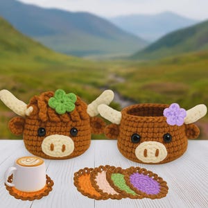 Highland Cow Coaster Crochet Pattern Cow Coaster Set  with Potted Plant Cow Design PDF Amigurumi Pattern Highland Cow Plant Basket Pattern