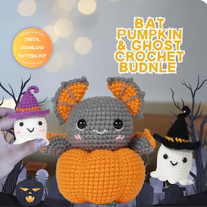 3 in 1 Bat, Pumpkin & Ghost Pattern Halloween Crochet Patterns Bundle,Ghost Witch Hat Pattern,Amigurumi Pumpkin Toy,Halloween Crochet Bundle