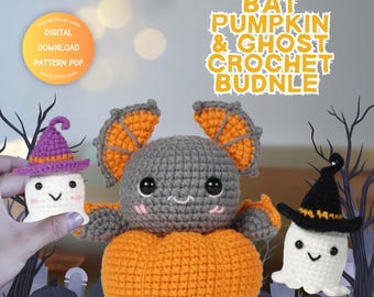 Paquete de patrones de ganchillo 3 en 1 de murciélago, calabaza y fantasma para Halloween, patrón de sombrero de bruja fantasma, juguete de calabaza amigurumi, paquete de ganchillo para Halloween