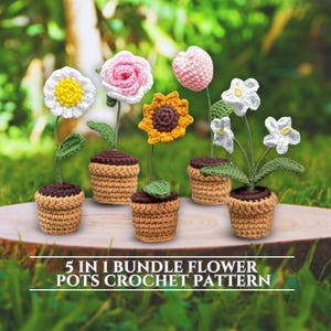 5in1 mini gehaakte bloempot roos gehaakte bloemen zonnebloempot patroon bloempot gehaakte madeliefje gehaakte tulp vergeet-mij-nietje gehaakte minipotjes