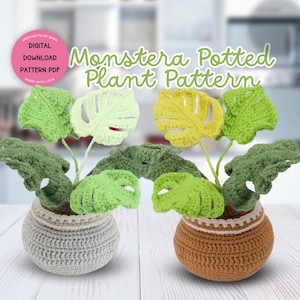 Puede incluir: Dos plantas de Monstera de ganchillo en macetas. Las plantas son verdes y amarillas y las macetas son grises y marrones. La imagen incluye el texto "Monstera Potted Plant Pattern".