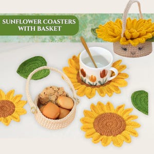 Zonnebloemonderzetters haakpatroon met mandje Bloempotonderzetters Bloemboeketontwerpen Digitale download Bloemenmandpatroon voor doe-het-zelvers