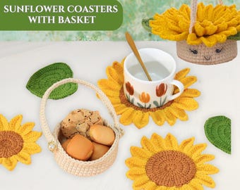 Sunflower Coasters Crochet Pattern with Basket Flower Pot Coasters Flower Bouquet Designs Digital Download Flower Basket Pattern for DIY