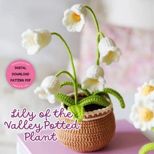 May include: A crocheted Lily of the Valley potted plant. The plant has white bell-shaped flowers with yellow centres, green stems and leaves, and a brown pot. The text "Lily of the Valley Potted Plant" is visible.
