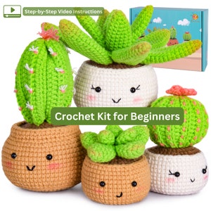 Crochet Cactus 4 Succulent House Plants Potted Plant Crochet Kit for Beginners,Amigurumi Plant, Video Tutorials DIY Craft Gift for Crocheter