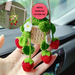 Autohangpatroon Aardbei Bloempotplant Potplantmand Gehaakte hangplant voor thuis of in de auto Decoratie Valentijnshaakpatroon