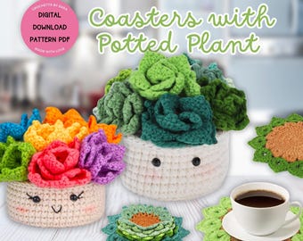 Crochet Flowerpot Coaster Patterns Coaster Set Succulent Plant Coasters Flower Bouquet Designs Digital Download Plant Basket Pattern for DIY