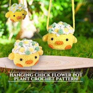 May include: Crochet pattern for a hanging chick flower pot. The chick is yellow with a white and green flower pot on its head. The pattern is called "Hanging Chick Flower Pot Plant Crochet Pattern".