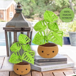 Op de afbeelding: Twee gehaakte monstera-planten in bruine potten met vrolijke gezichten. De planten hebben groene bladeren en staan op een stapel boeken. De tekst op de boeken luidt "STABLES", "ENGLISH COTTAGE GARDENING", "at Home in the Garden CAROLYNE" en "ROOMS".