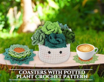 Crochet Pattern Flower Pot Coaster Set Rosette Succulent Plant Coasters Flower Bouquet Designs Digital Download Plant Basket Pattern for DIY