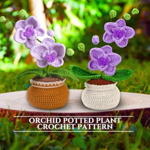 Orchidee haakpatroon minipot amigurumi bloempot gehaakte woondecoratie bloemen mand met orchidee DIY bloemboeketontwerpen