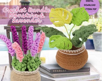 Monstera & Lavender Mini Flower Pot Crochet Pattern Bundle Set House Plants Crochet Pattern Potted Plant Crochet Monstera Amigurumi Flower